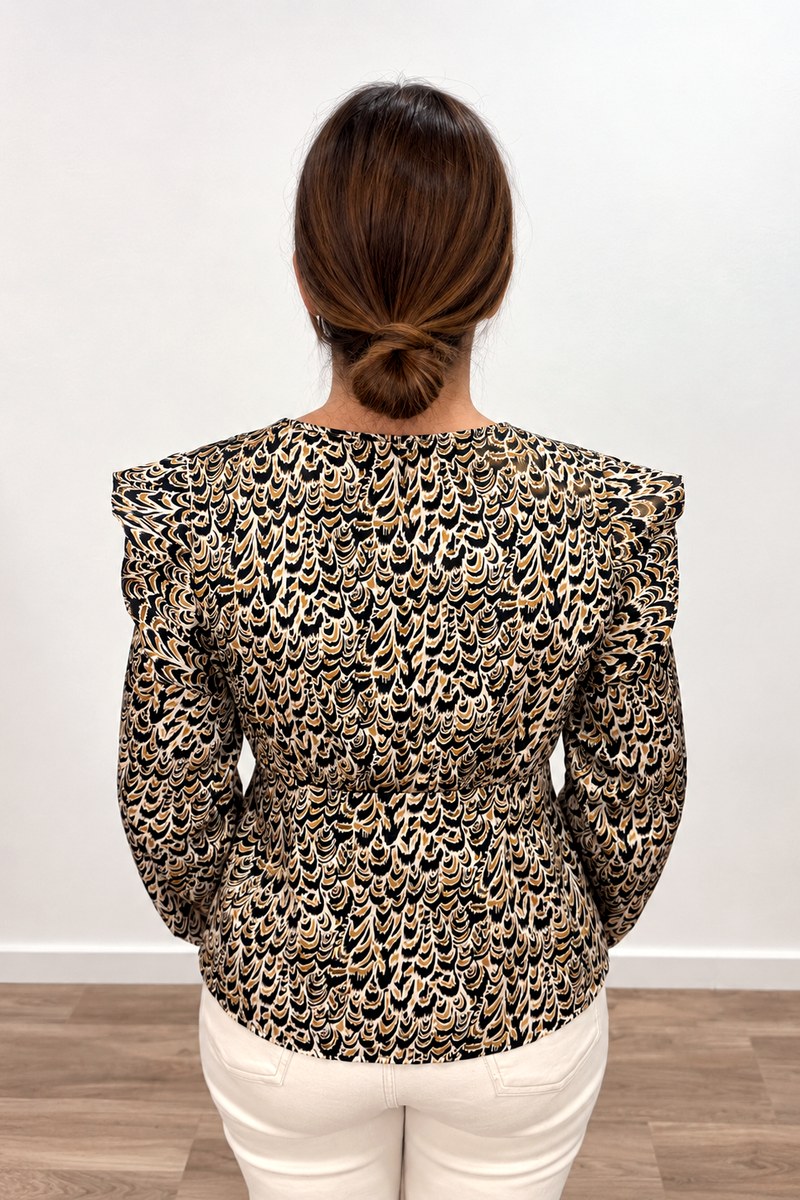 Blusa estampada con volantes de mujer, vista trasera