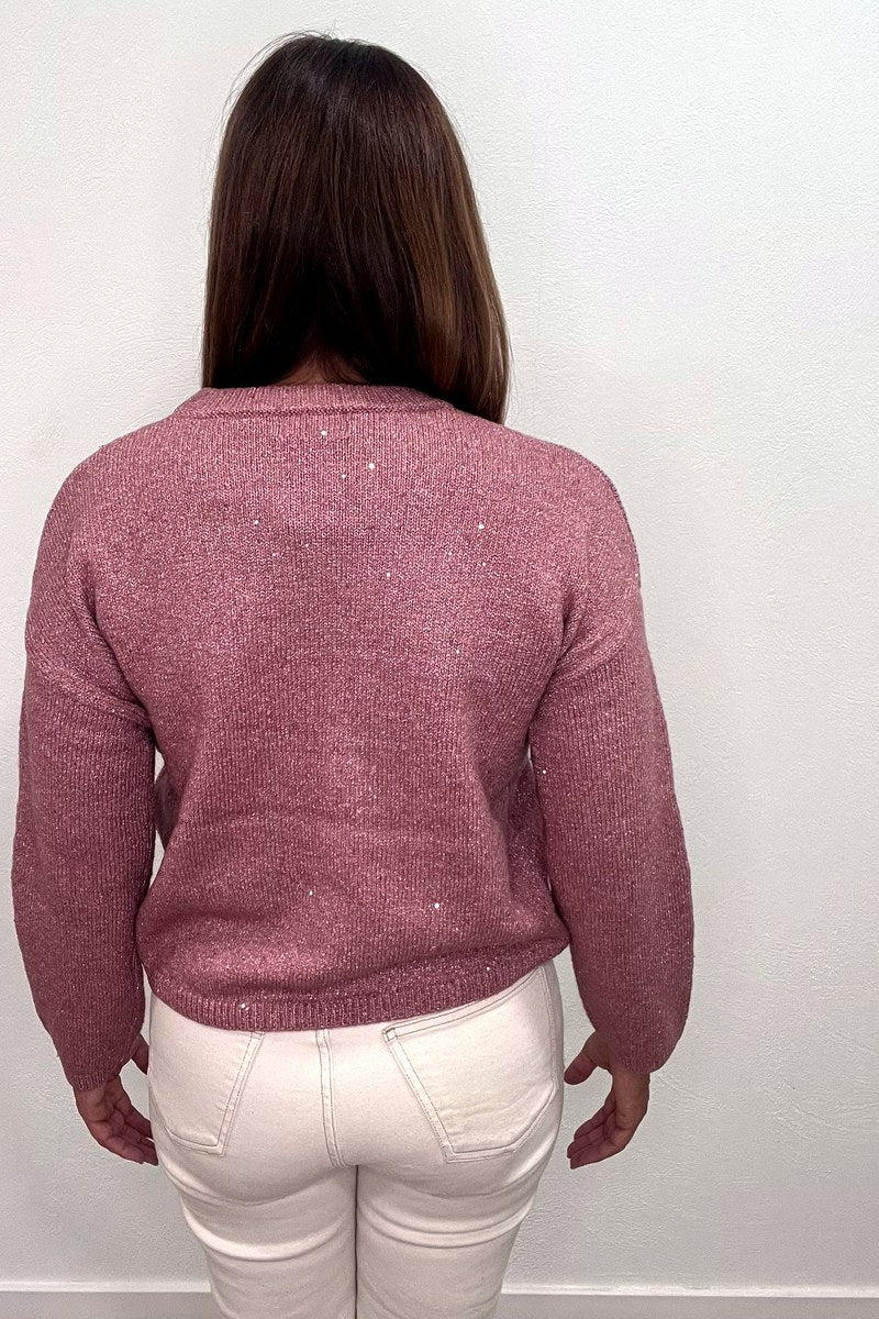 Jerséi de punto rosa palo con brillo de mujer, vista trasera