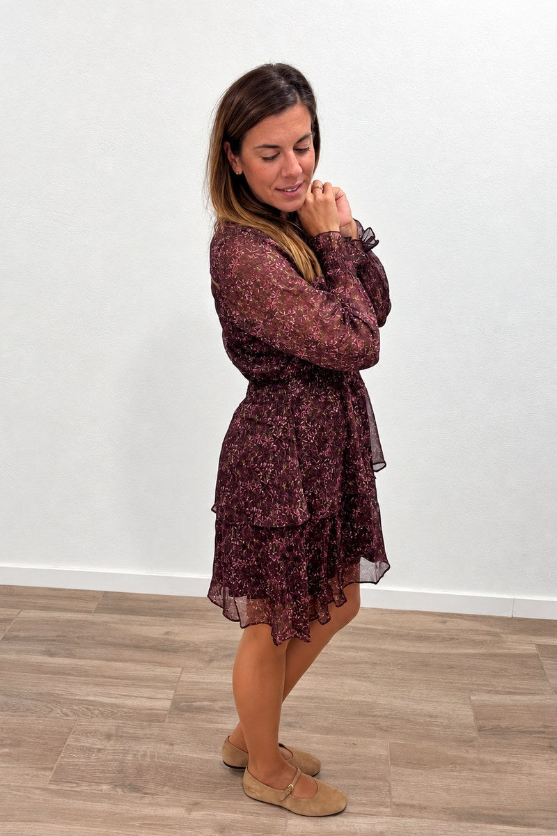 Vestido estampado con volantes burdeos de mujer, vista lateral