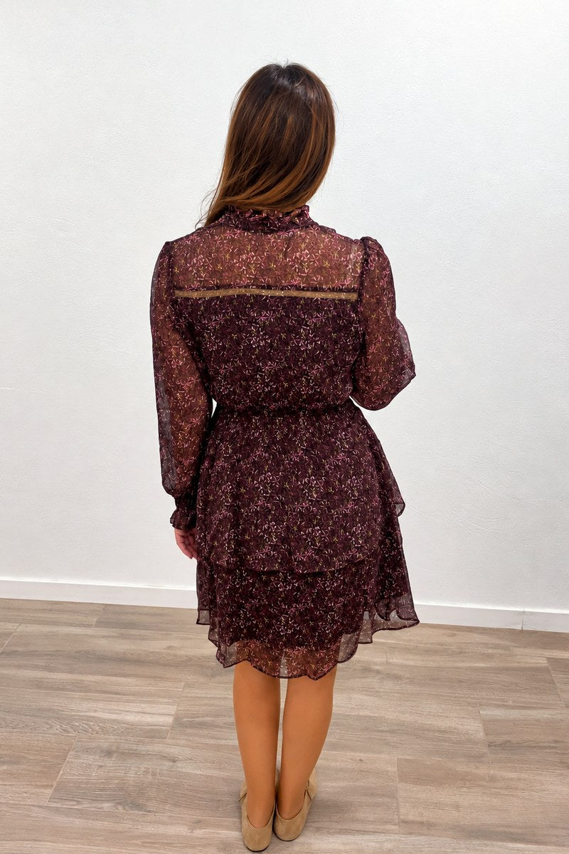 Vestido estampado con volantes burdeos de mujer, vista trasera