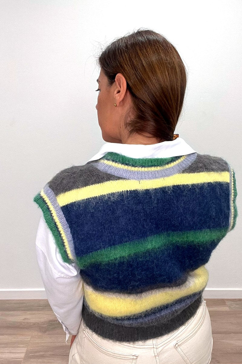 Chaleco de punto a rayas intarsia de mujer, vista trasera