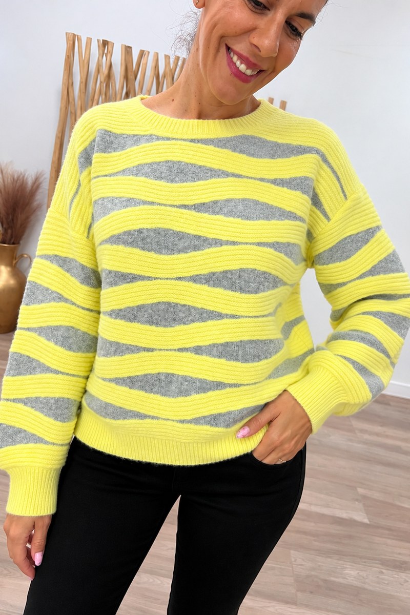 Jerséi de punto intarsia con ondas en amarillo y gris de mujer, Skatïe, vista frontal